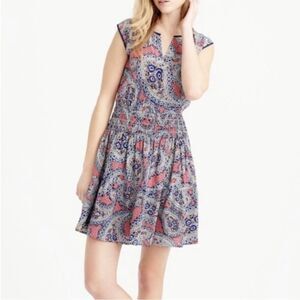 J. Crew 100% Silk Paisley Print Smocked Waist Mini Dress, Size 00 NWOT